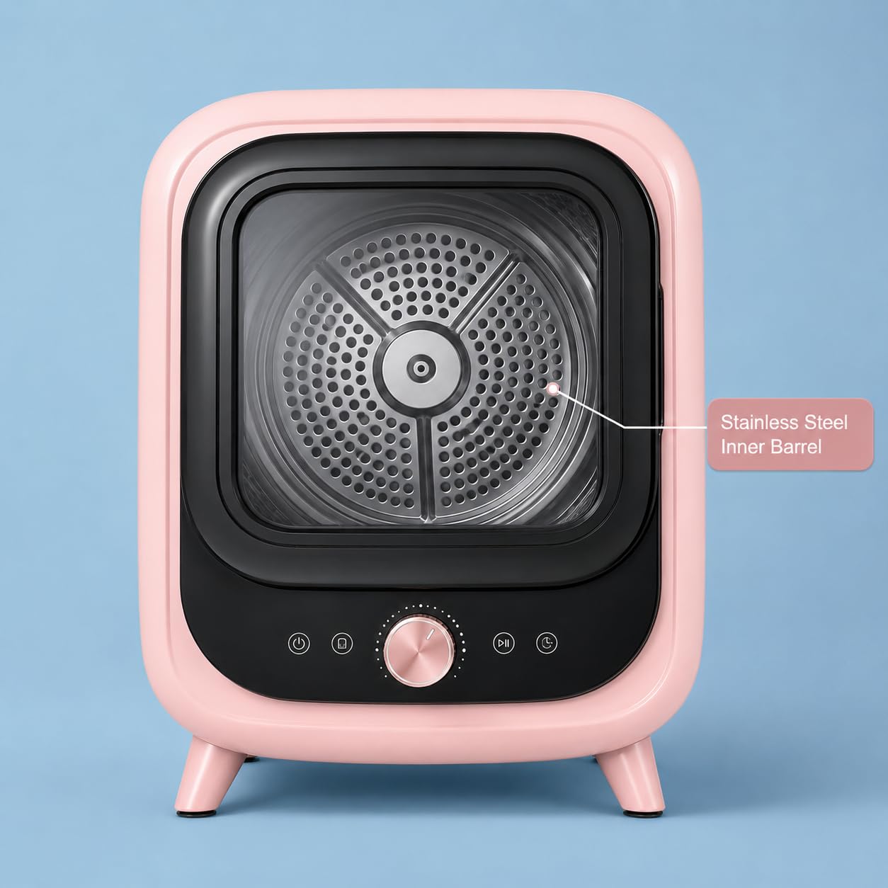 Mini 0.8 kg belüfteter Wäschetrockner, 450 W, 4 Programme, Pink | Edelstahltrommel, 35 dB Betrieb, Heiß- und Kalttrocknung, Timer-Steuerung und transparente Frontladertür