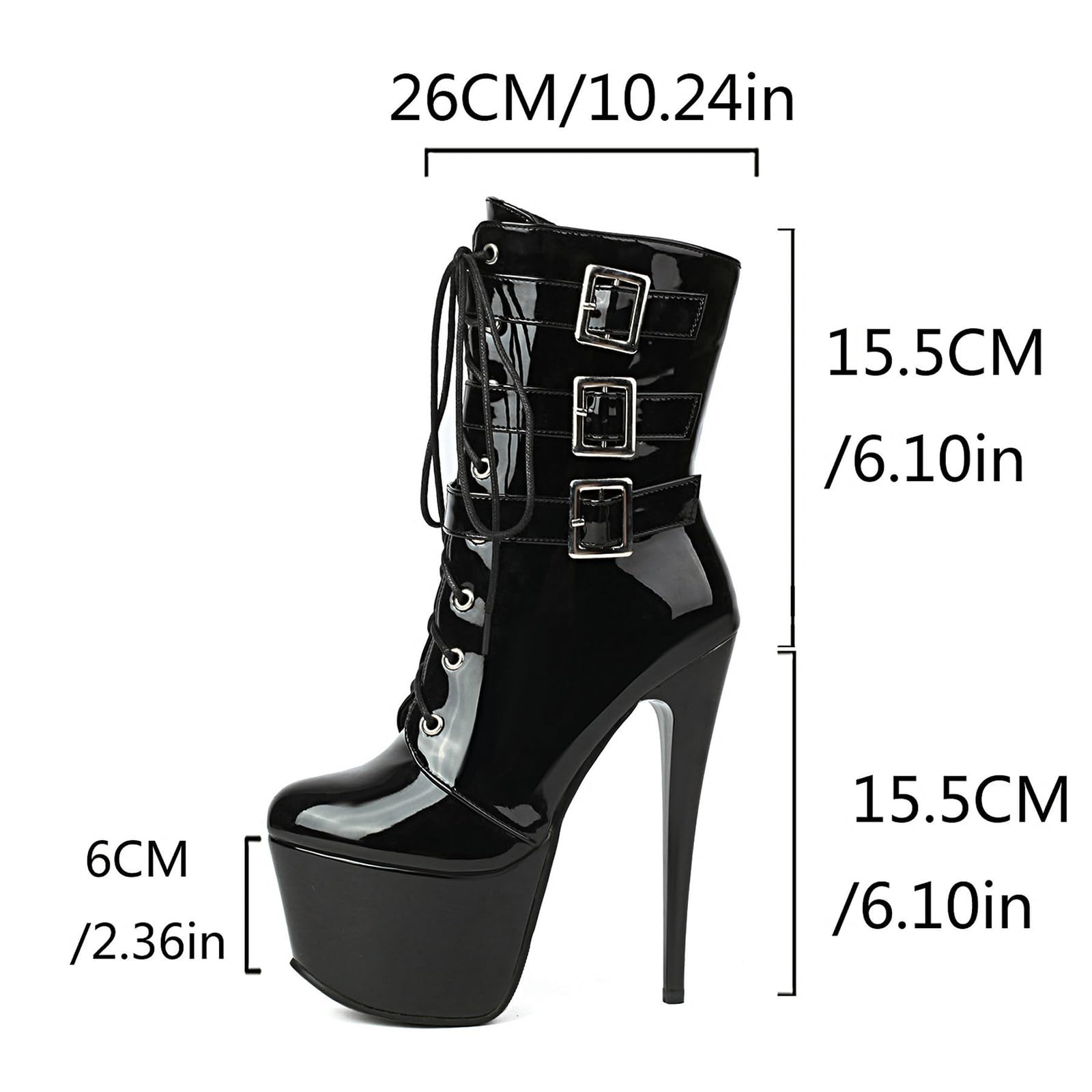 15.5CM/6.1IN Stiletto Super High Heel Femmes Bottines en Cuir Verni Round Toe Ceinture Boucle Bottines Bottes De Performance De Scène