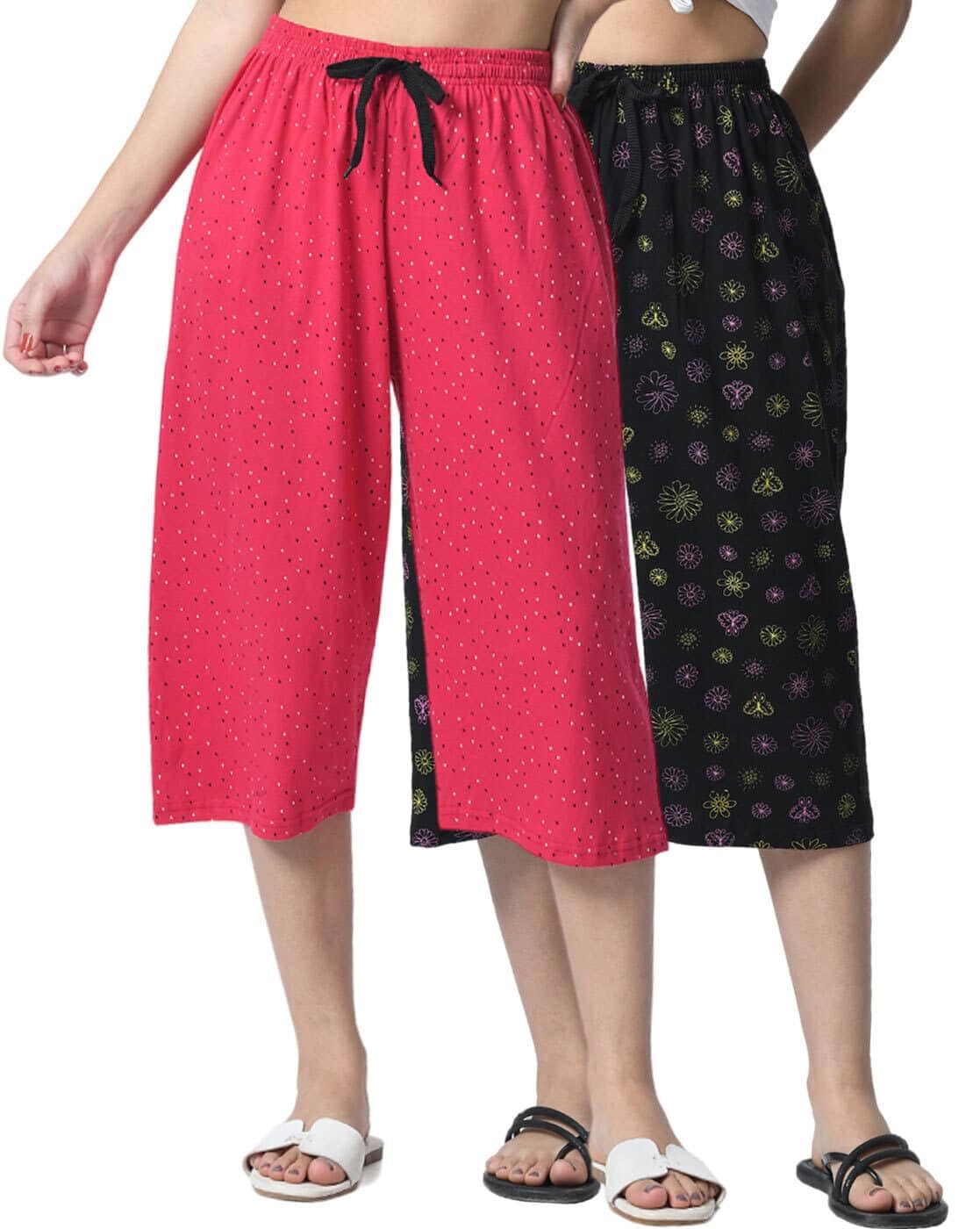 SaveriGroup Women's Cotton Capri Pants, Printed and Polka Dot Pattern, Drawstring Waist, Pack of 2(Prints and Colors May Vary)-picture-48