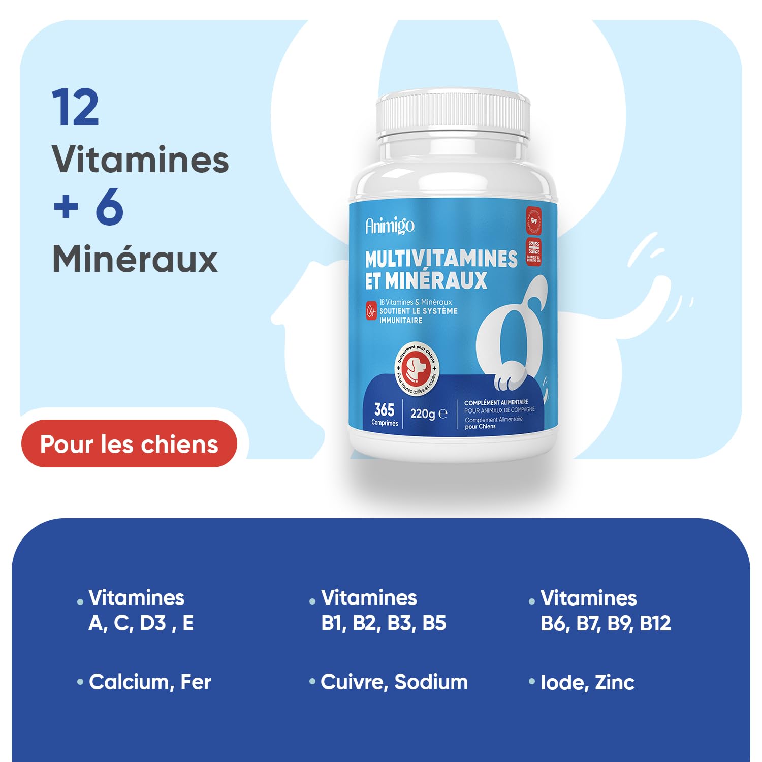 Multivitamines et Minéraux Chien 365 Comprimés - 12 Vitamine pour Chien avec 6 Minéraux, Goût Poulet - Vitamine C, D, B, A, E, Calcium, Fer, Zinc, Cuivre, Sodium, Iode - pour Toutes Tailles et Races