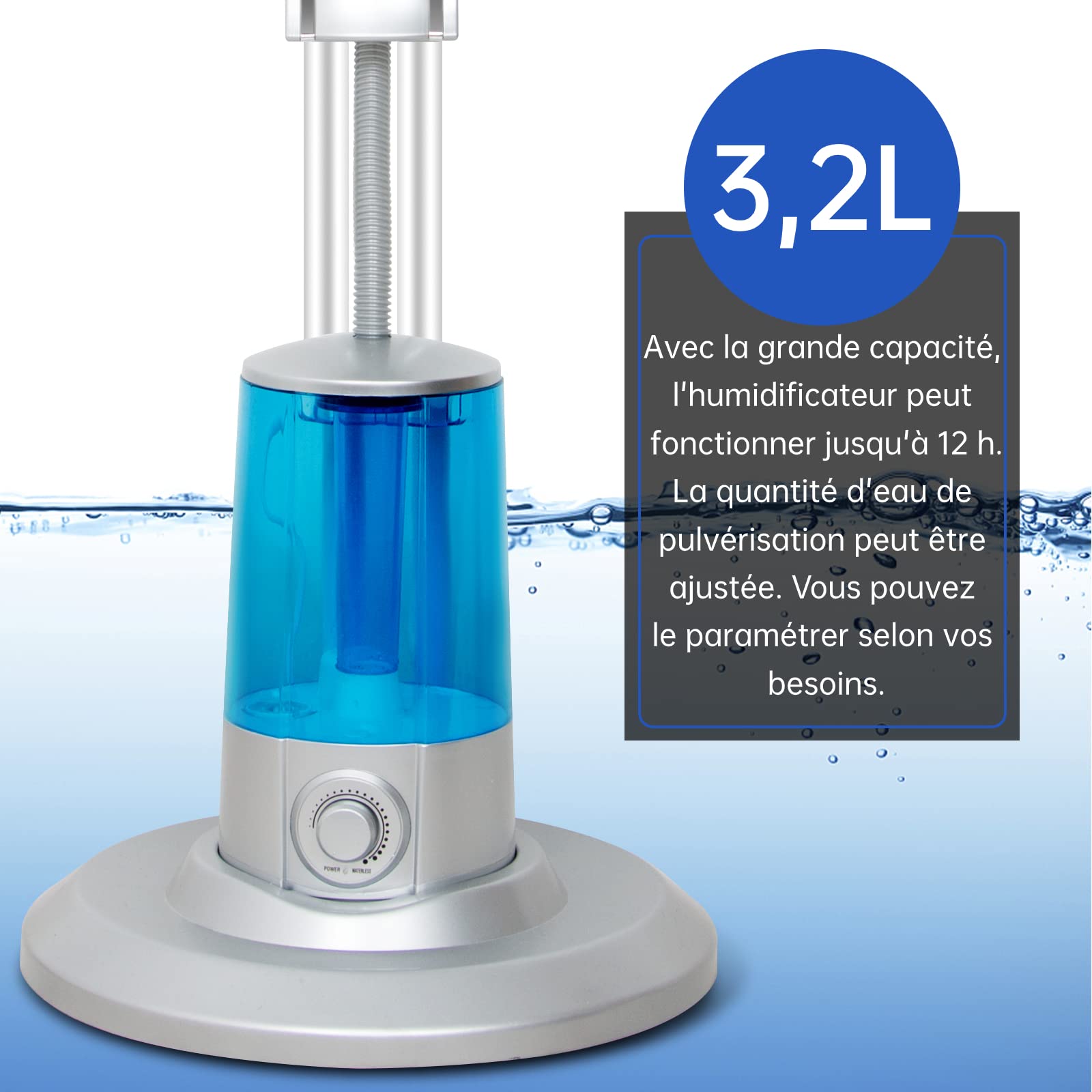 Ventilateur Brumisateur 2 en 1 sur Pied avec Télécommande, Argent | Humidificateur 3.2L, Rafraichisseur d'air, Minuterie, Fan Oscillant, Pour Chambre Bureau