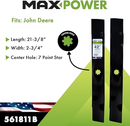 Miniatura 2 de Maxpower 561811B Juego de 2 cuchillas 3-N-1 para muchos cortacéspedes John Deere de 42 pulgadas, sustituye a los OEM # GX22151 y GY20850