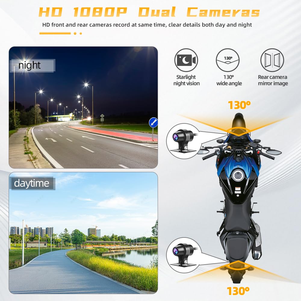 VSYSTO Moto Dash Cam, Obiettivo Grandangolare 130° Fotocamera Anteriore e Posteriore 1080P con WiFi, Impermeabile, Visione notturna, Sensore G, Monitoraggio parcheggio, promemoria guasti(grigio)