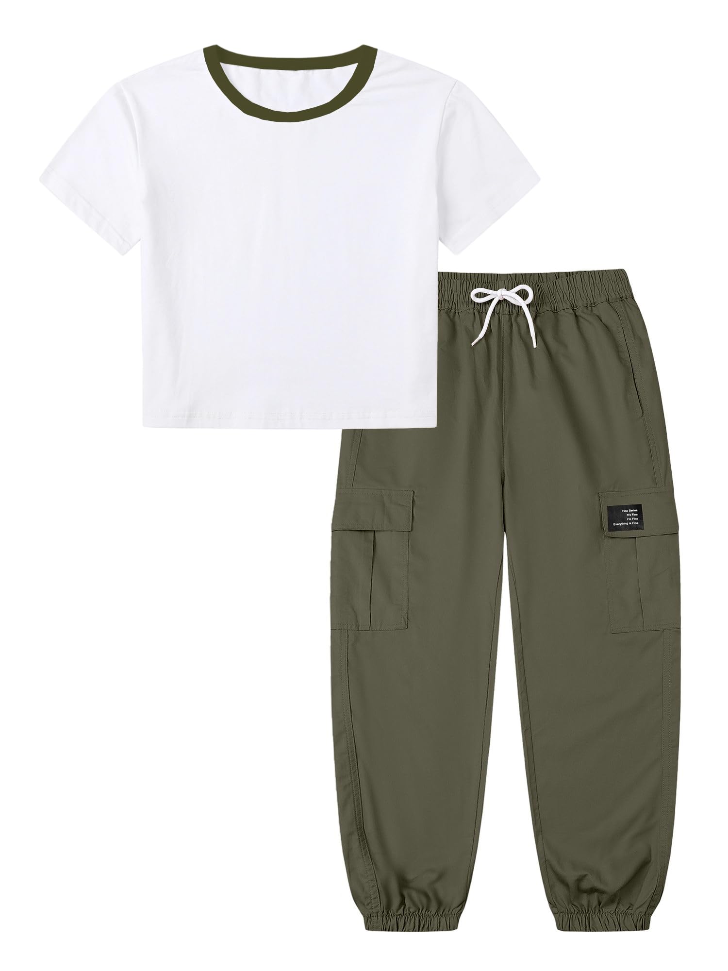 Betusline Girls 2 Piece Summer Outfits,Kids Casual Short Sleeve Crop Top &amp; Cargo Jogger Pants Sets,4T-14Y