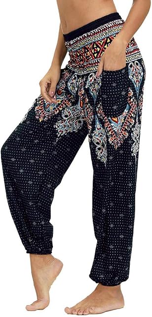 Nuofengkudu Women's Hippie Thai Trousers Boho Vintage Patterned Smocked Waist with Pockets Lightweight Yoga Pants