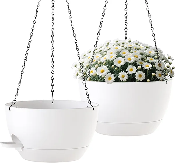 CNLBO 2 Pack Hanging Planters for Indoor Outdoor Plants, 12Inch Self Watering Hanging Pot with Drainage Holes and Saucer, Plastic Plant Pots, White Flower Pots for Kitchen, Balcony, Garden
