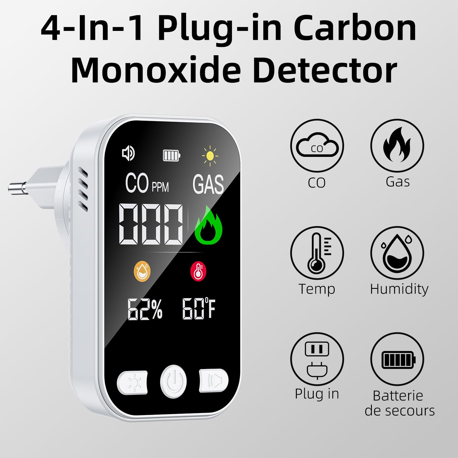 4 in 1 Plug in Rilevatore di Monossido di Carbonio, Allarme CO Portatile, Rilevatore di Gas con Batteria Ricaricabile Integrata da 1000 mAh e Schermo HD [CO Temp Umidità] - Norma EN 50291 - Bianco