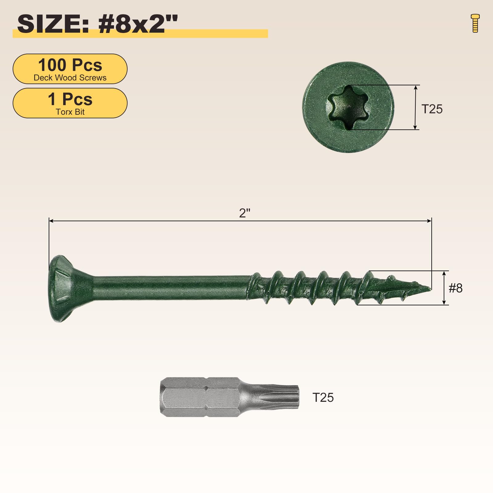 METALLIXITY Deck Screws (#8x2") 100Pcs, Carbon Steel Wood Screw Decking Screws Epoxy Coated with T25 Torx Drive Head - Image 2