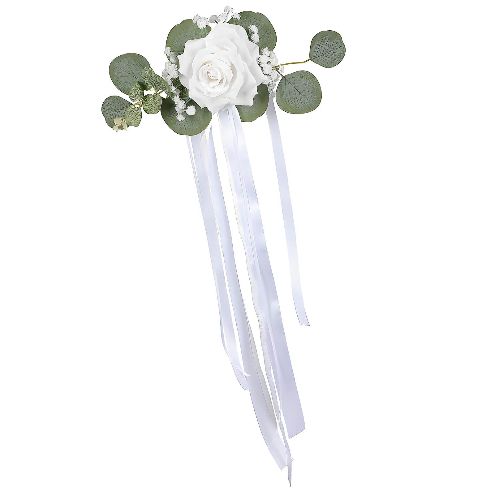 Floral Chair Accent, White Rose Wedding Decor with Soft Ribbon Streamers for Aisle Seating and Vehicle Trim Artificial Rose Chair Decor Wedding Flowers Vehicle Floral Accent White Faux Flower Ribbon