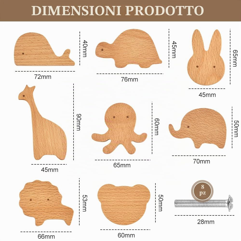 Pomelli per Mobili Bambini Maniglie Armadio Orso Leone Coniglio 8 pz Legno Viti