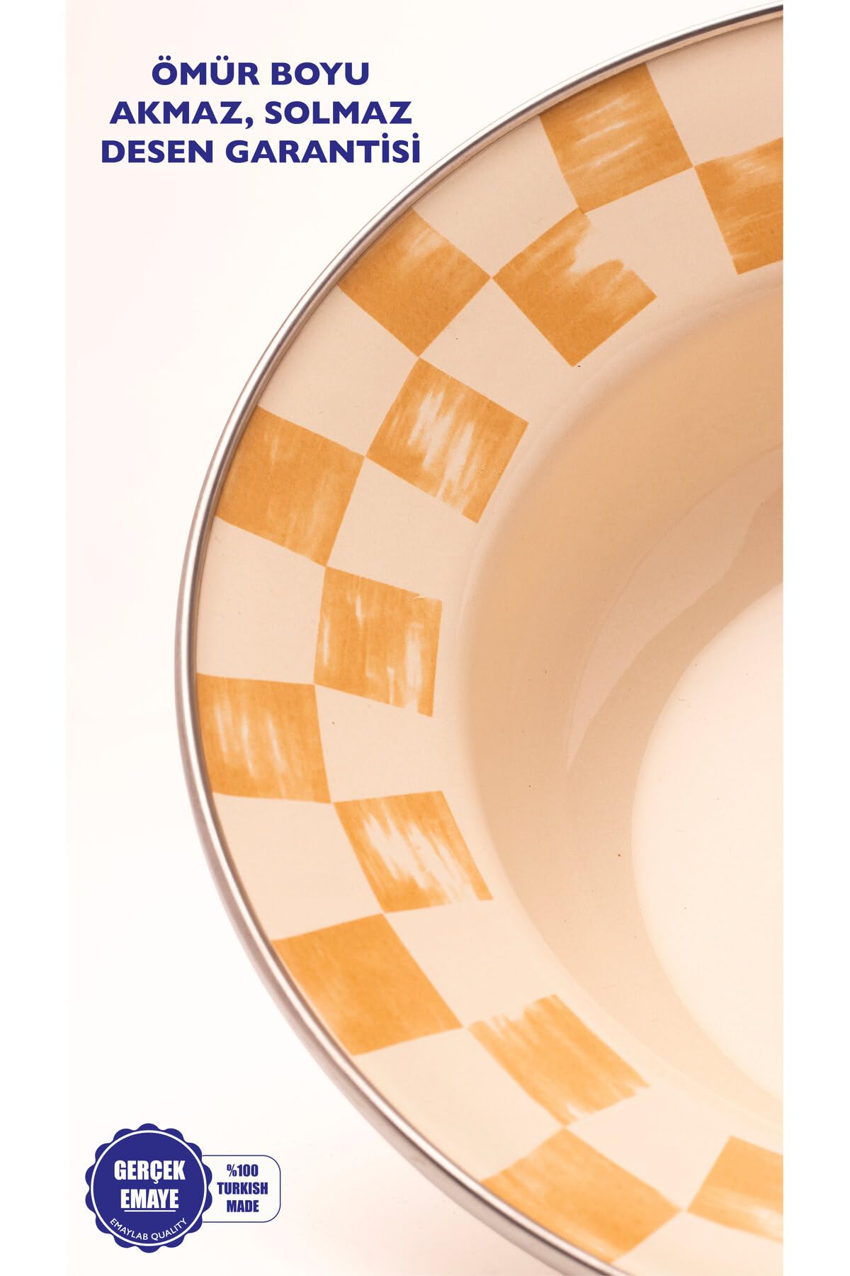 Beige Dama Desenli Emaye Çukur Makarna Ve Salata Tabağı 24Cm