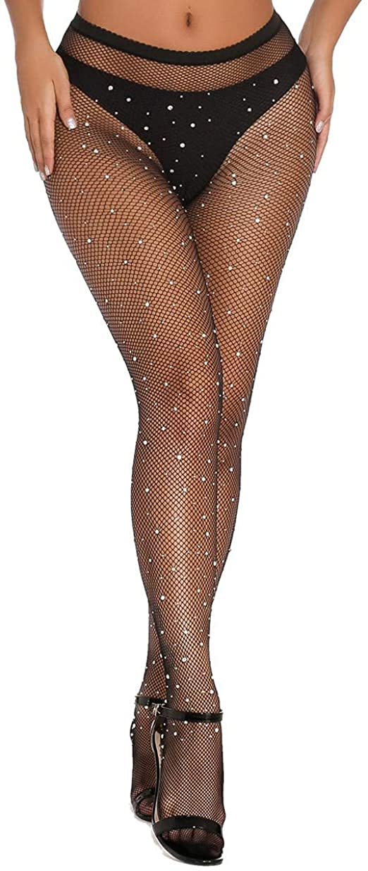 Rhinestone Fishnet Stockings | High Waist Sparkly Tights for Women | Comfortable Super Soft Stretchable | Transparent Full Length superthin Fishnet Stockings Leggings (Black, Free size)-image-4