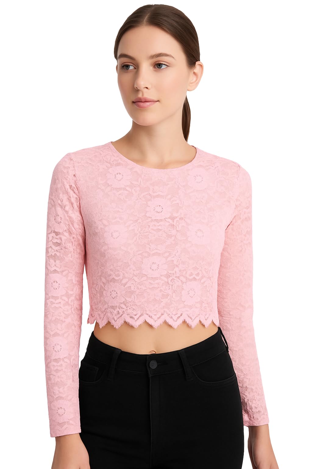 icw Women Long-Sleeves Round Neck Mesh Floral Flocking Crop Top T-Shirt DN8866-picture-20