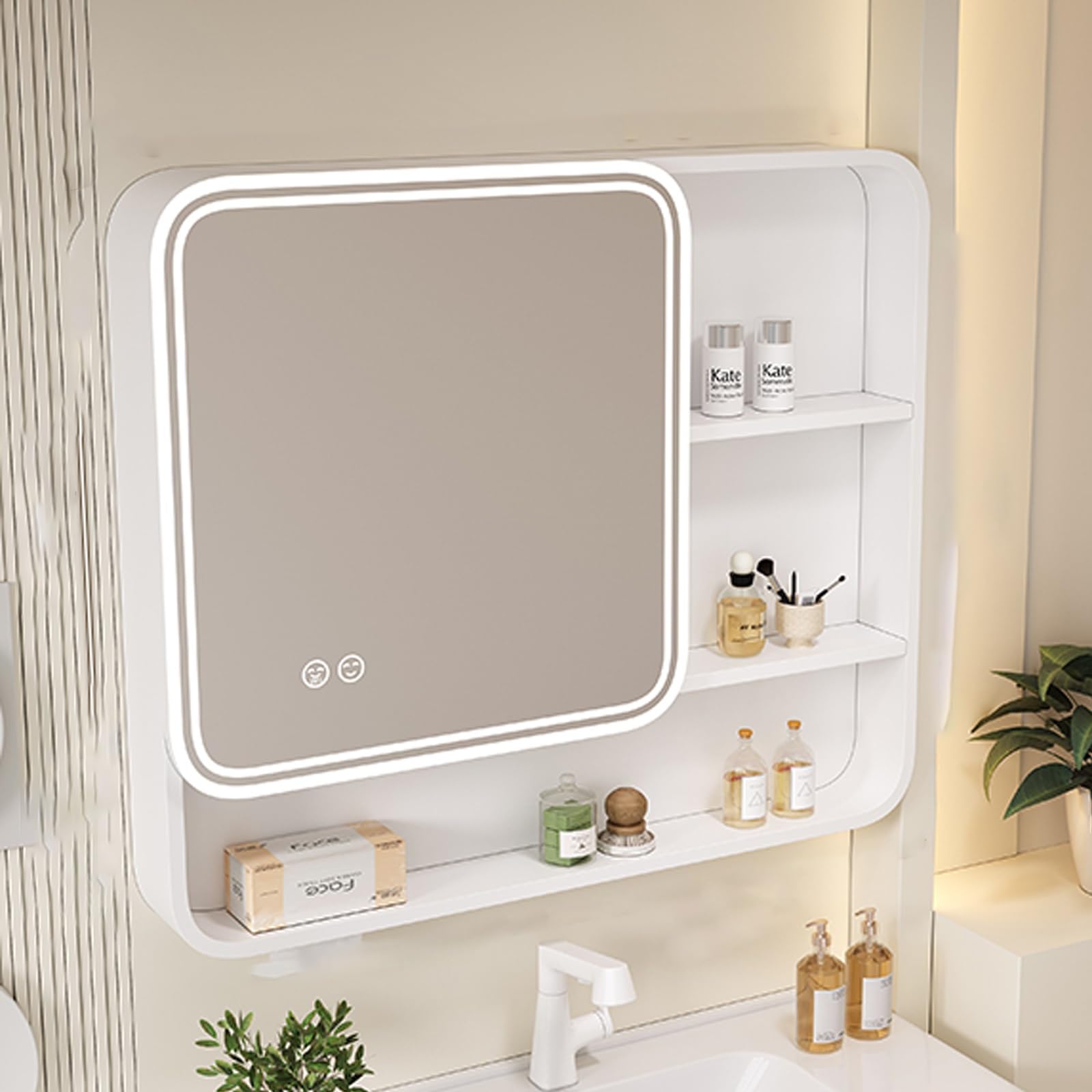 Espejo baño con almacenaje y luz Aluminio armario espejo baño con Espejo Antivaho Moderna ararmario baÃño pared con almacenaje de maquillaje con Interruptor Táctil agujeros de papel espacio abierto(Wh