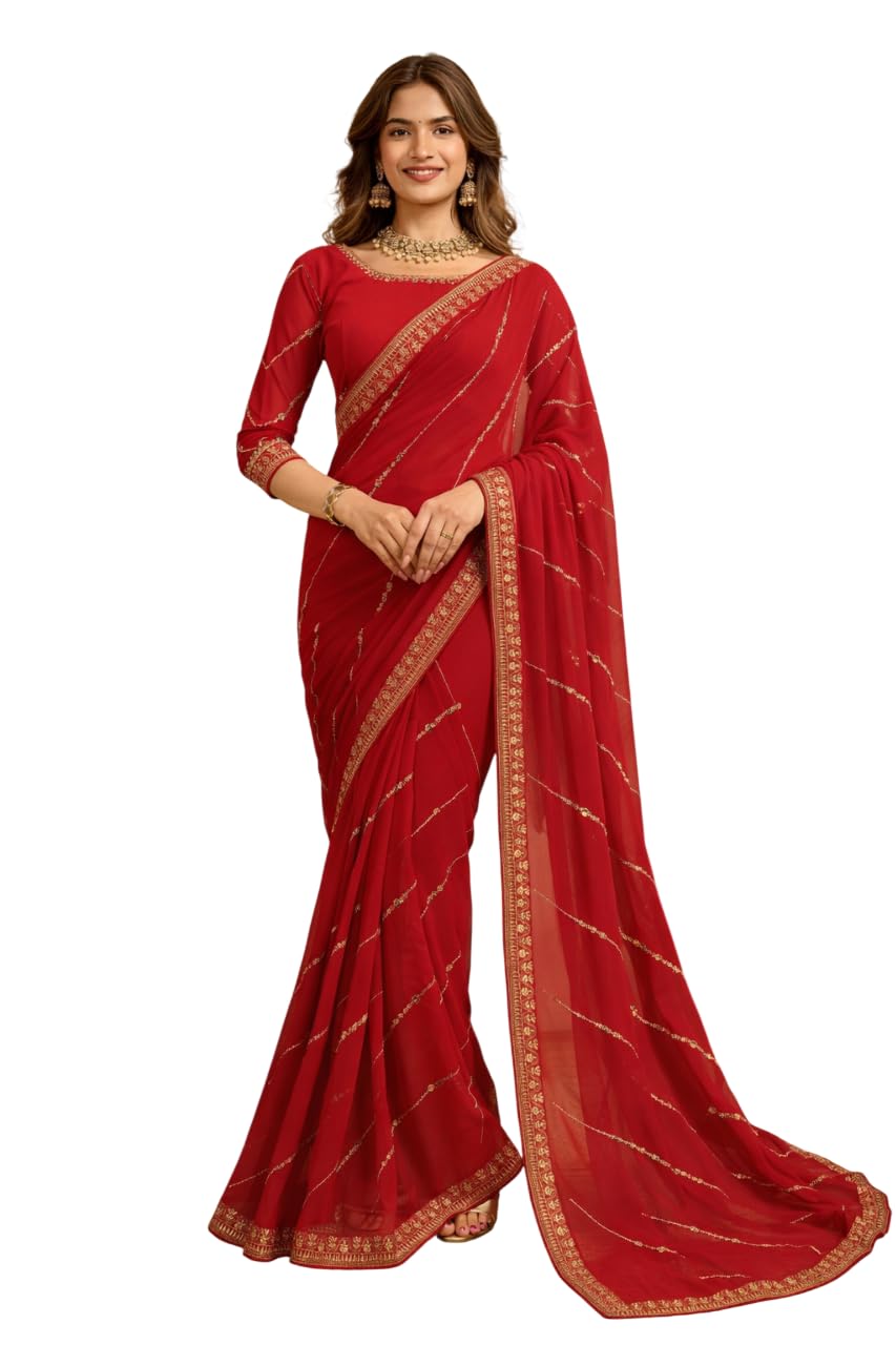 Svayi Women’s Georgette Floral design Golden Sequins Embroidery diagonal patterns Work Saree For Wedding Festive Party Style Sari with Blouse Piece (SR1252-Red)