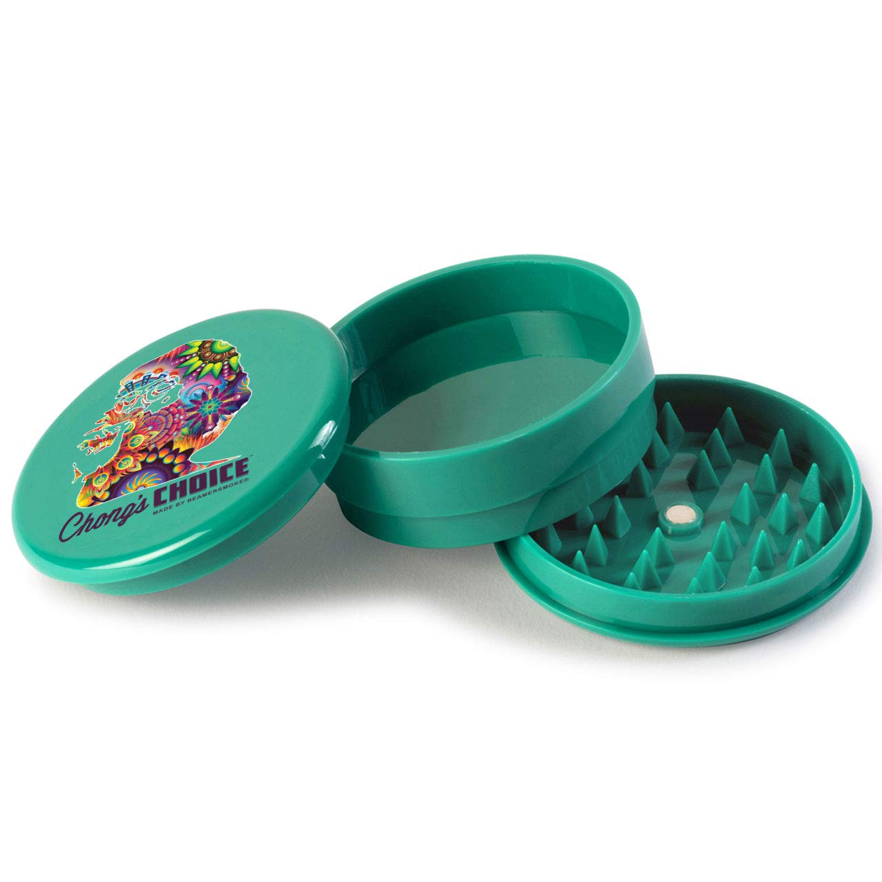 Chong’s Choice 3-Piece 63mm Acrylic Grinder - Opaque Green Color + Beamer Smoke Sticker