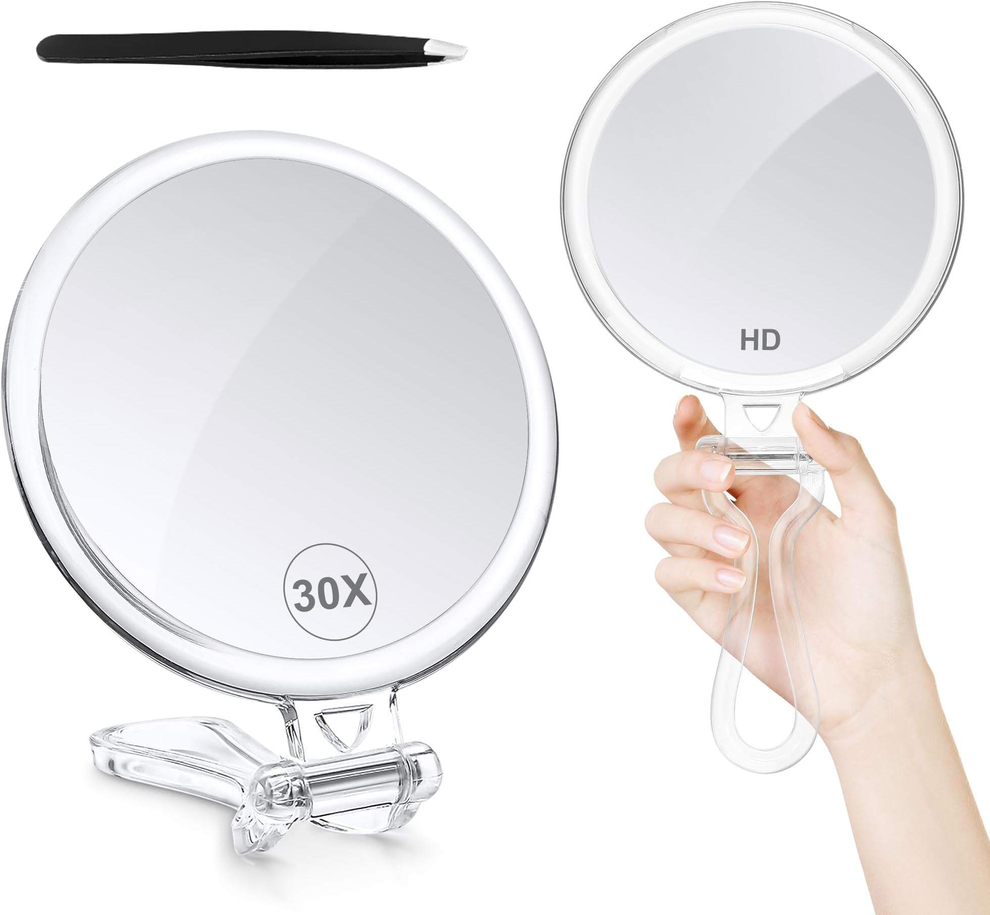 B Beauty Planet 30X/1X Double-Sided Handheld Magnifying Mirror, 5 Inch, Silver Frame, Modern Style, Perfect for Makeup and Travel