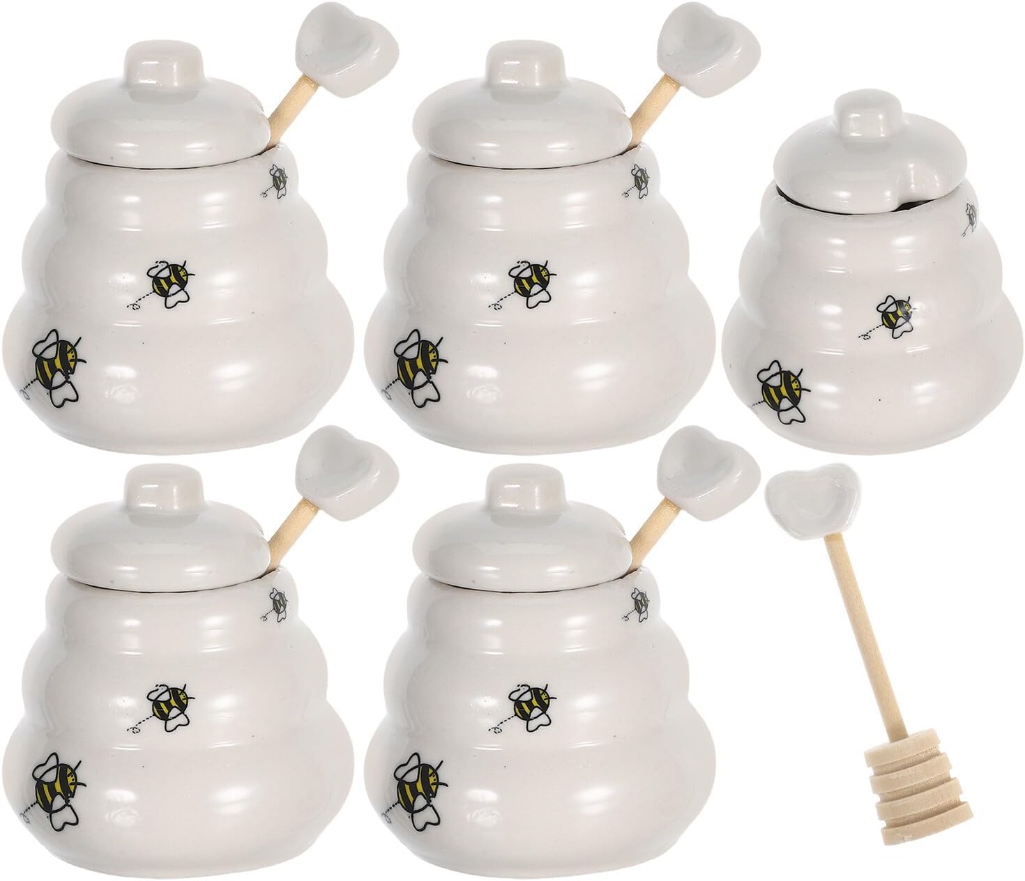 5pcs Ceramic Honey Pot Jar Set with Lids and Dipper, Honeycomb Pattern Jar Set for Kitchen Dining and Wedding Party Favors