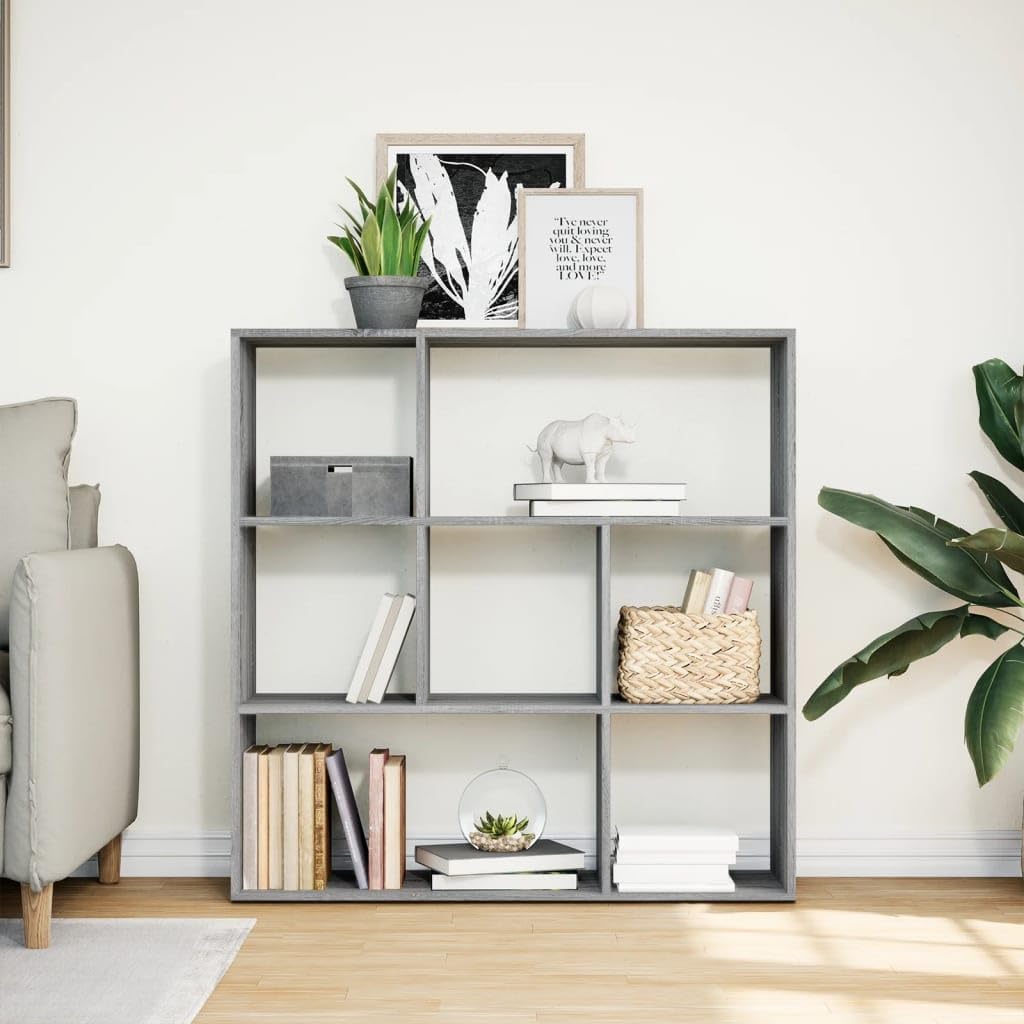 Regał na książki Sonoma, szary, 102 x 29 x 103,5 cm, materiał drewnopochodny, 7 przegródek, uniwersalny organizer Cube Storage do salonu, biura