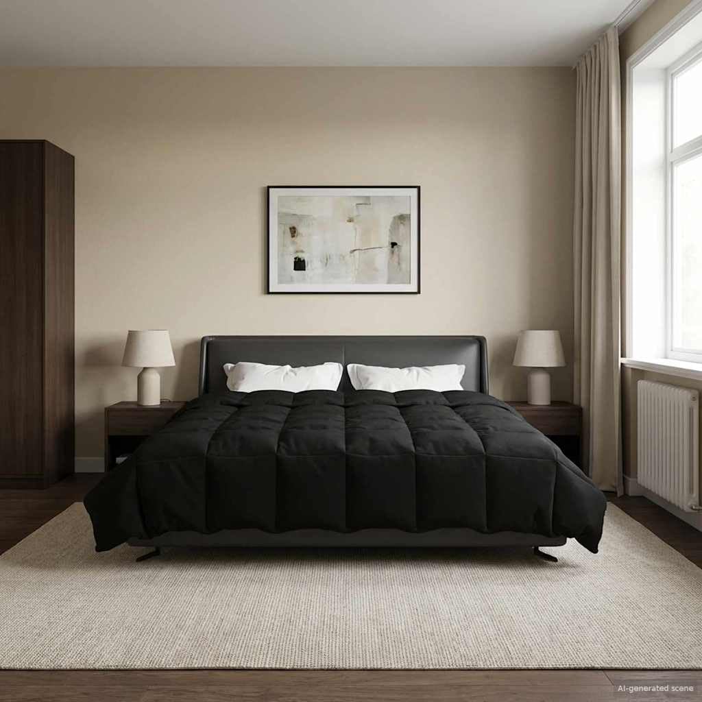 Manta acolchada de verano negra 240 x 260 cm, edredón de microfibra con lado de terciopelo suave, manta ligera para noches cálidas, lavable a máquina y apta para secadora, Öko-Tex