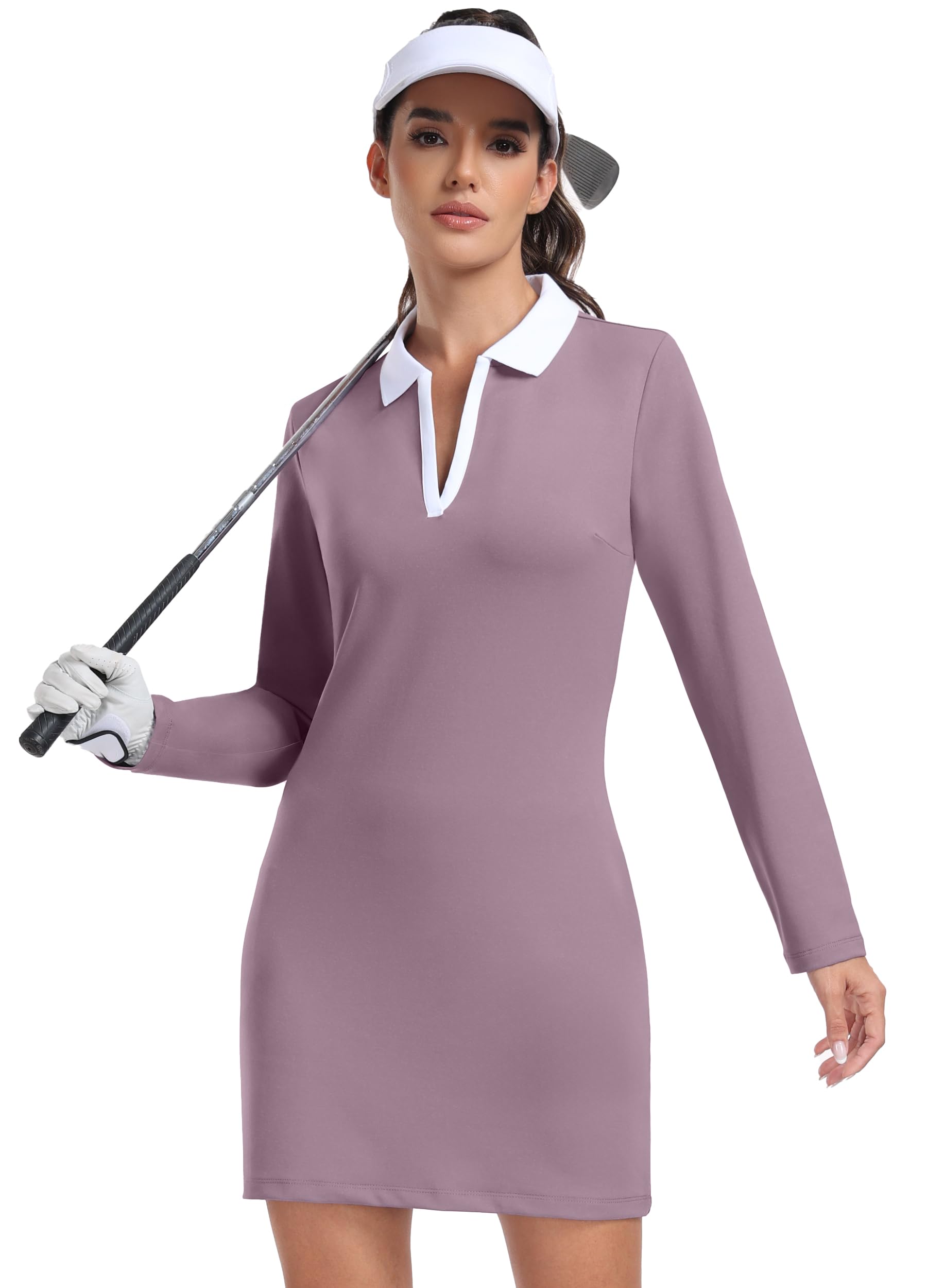 Hiverlay Women Long Sleeve Golf Dress Long Sleeve V Neck Tennis Polo Dress