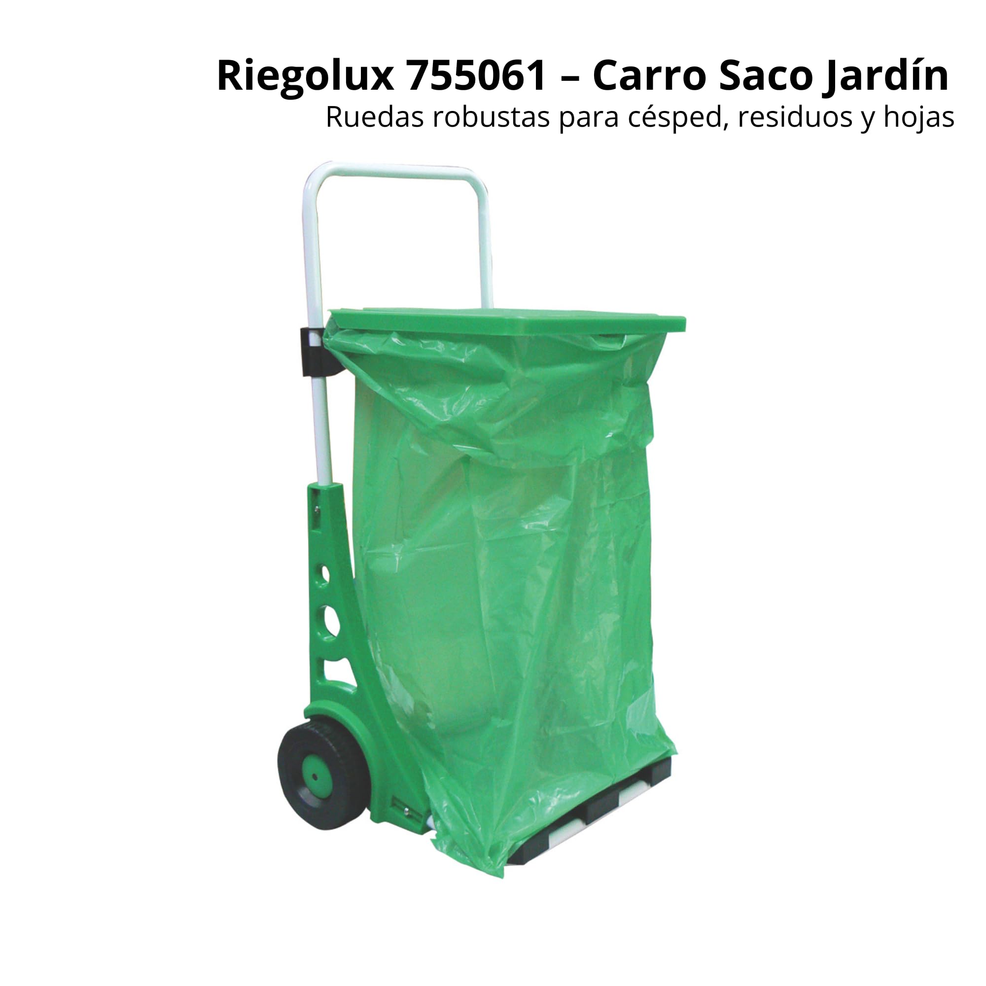 Riegolux 755061 – Carro Saco Jardín | Carrito recolector de jardín con bolsa plástica resistente | Ruedas robustas para césped, residuos y hojas | Accesorio de jardinería