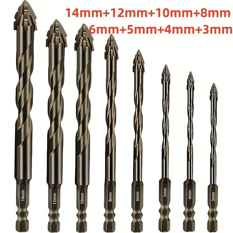 8pcs Hardened Alloy Drill Bit Set 8-Piece 4-Flute Core Design with Sharp Landing Tip for Concrete Brick Ceramic Tile Drilling, Golden