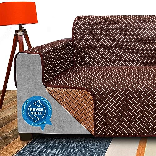Image of DREAM KING 3 Layers 300 GSM Waterproof Reversible Sofa Cover 4 Seater with Pockets | Dust Protective Soft Fabric Sofa Seat Cover Coffee & Beige