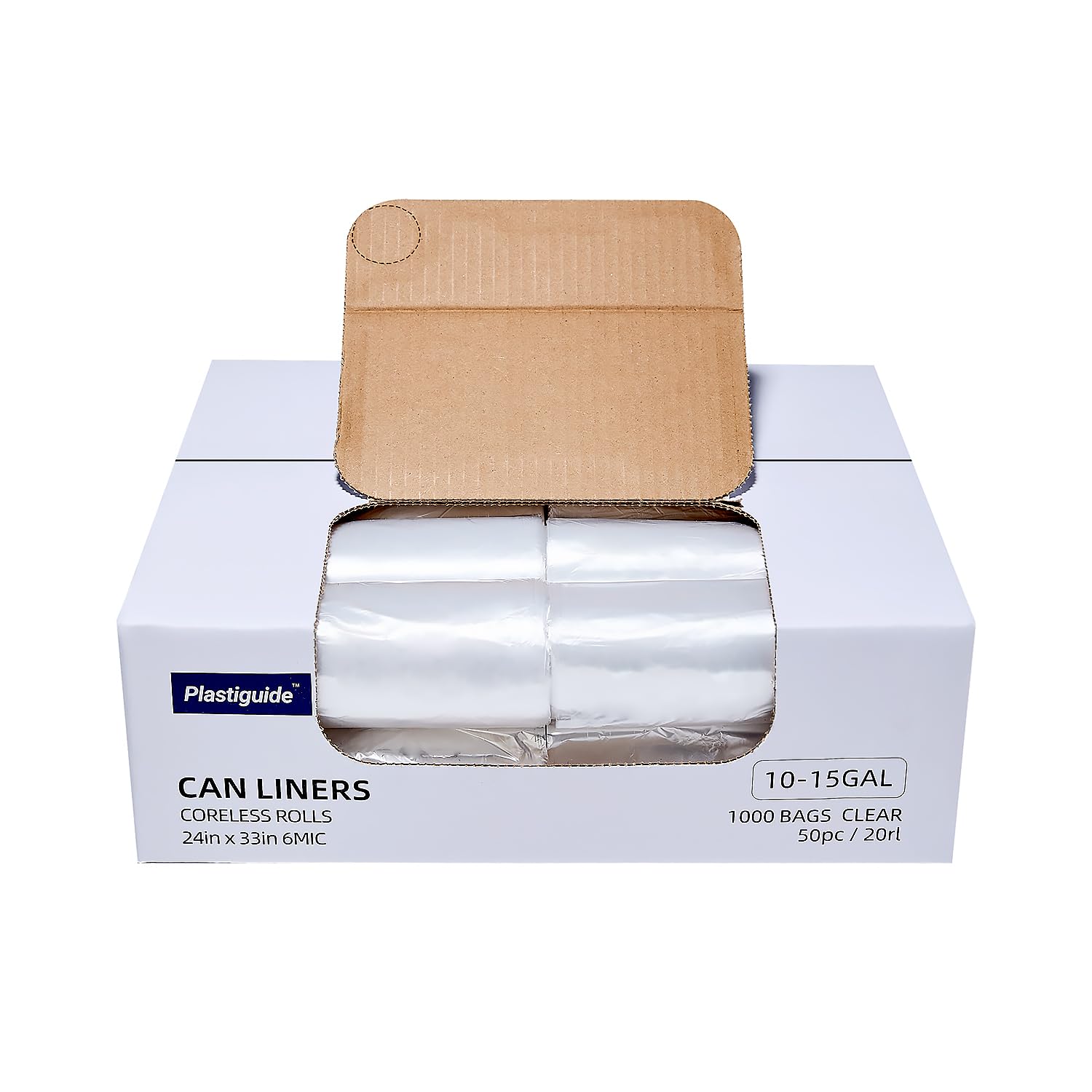 Plastiguide Clear Trash Can Liners, 10-15 Gallon, 24'' x 33'', Wholesale 1000 Count, High Density Garbage Bags for Bathroom, Office, Commercial and Industrial Use