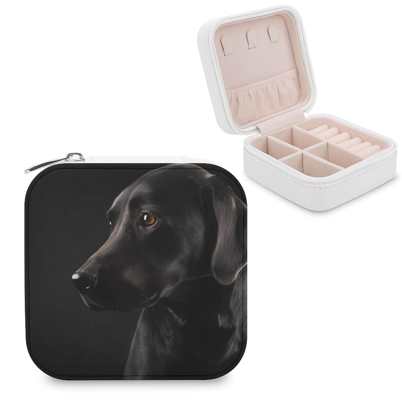 Boîte à bijoux en cuir PU noir motif labrador et flanelle de haute qualité