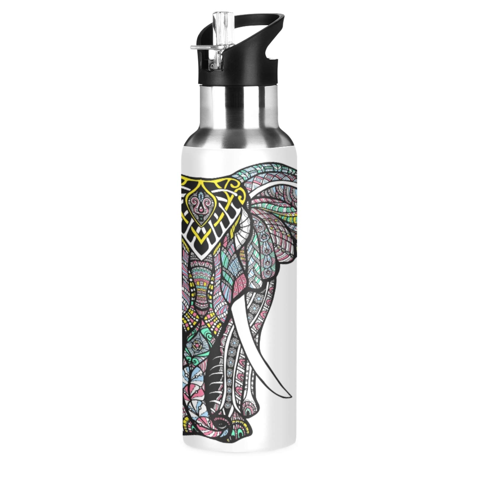 JUMBEAR Vintage Indian Tribal Elephants Paisleys Water Bottle Acuum Insulated Stainless Steel Leakproof Wide Mouth Kettle with Straw Lid for Fitness Gym Outdoor Sports