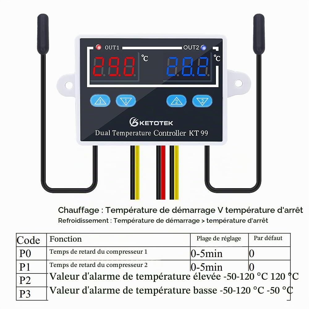 KETOTEK Regulateur de Temperature 220V Thermostat avec 2 étanche Sondes | Double Controleur de Temperature Numerique pour Aquarium Incubateur Couveuse, Mode chauffage et refroidissement