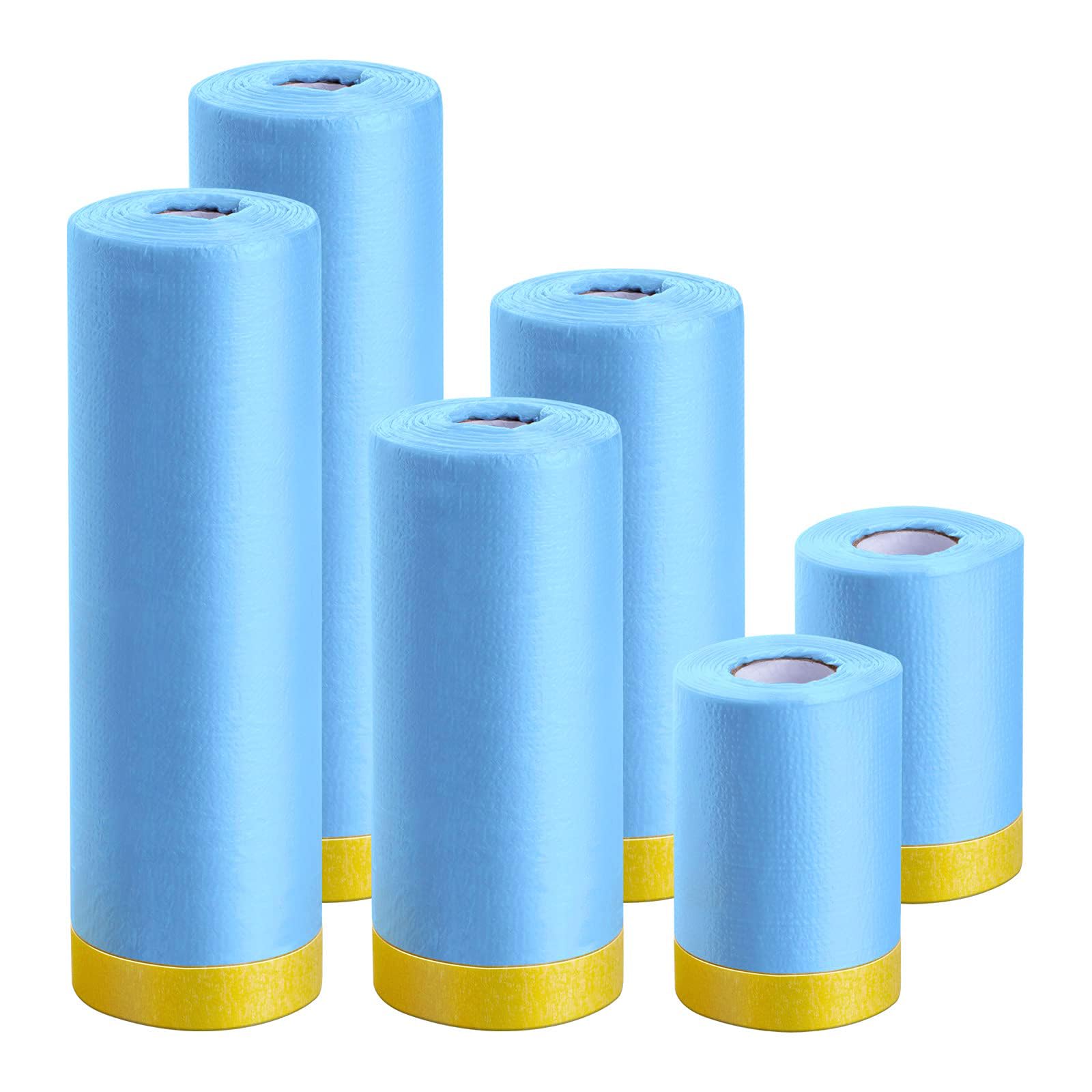 ELECDON 6 Pack Tape and Drape, Pre-Taped Masking Film Protective Film for Automotive Painting Covering Assorted Masking Paper Automotive Best Masking Tape Painting 3 Sizes