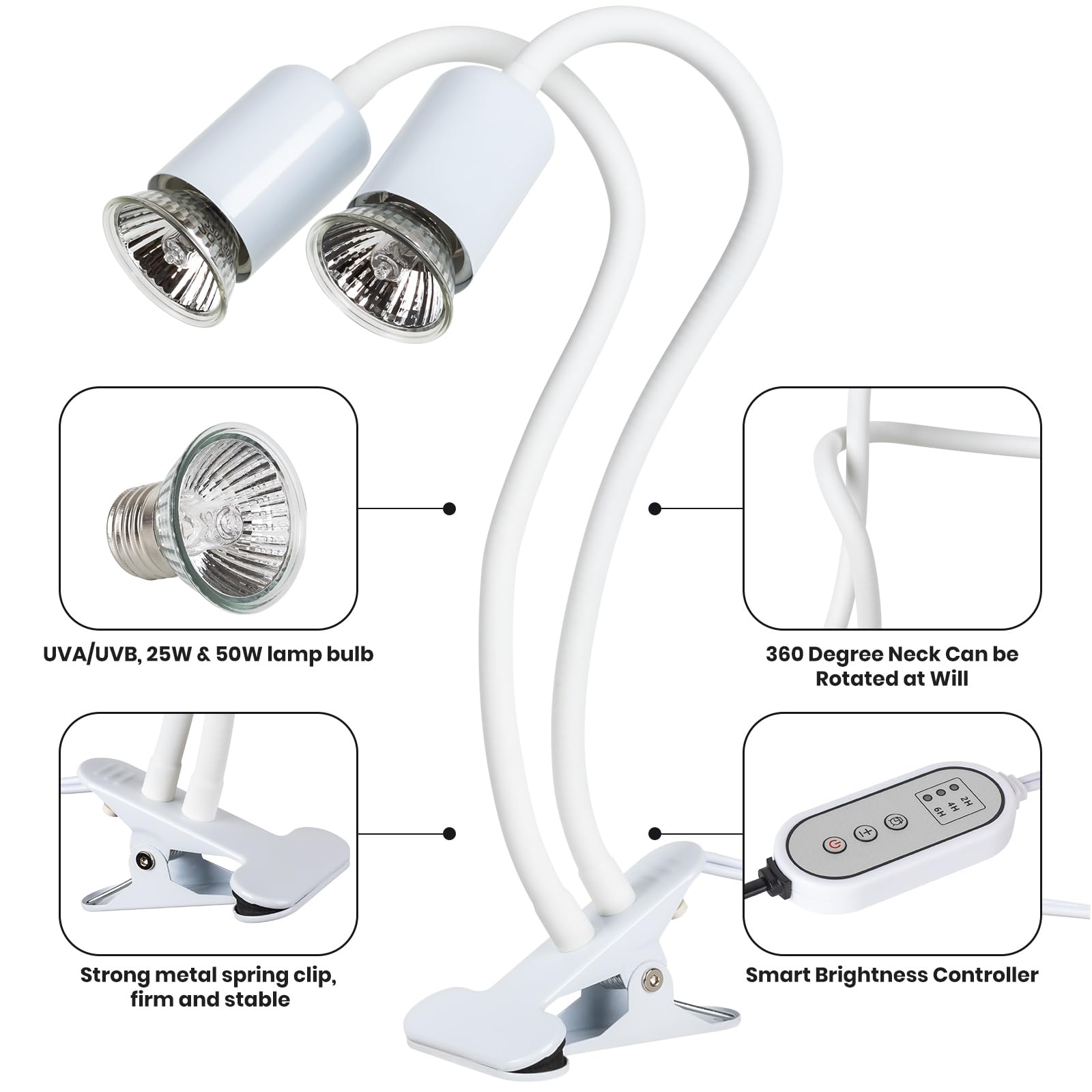 testyu Lampada Riscaldante Tartarughe a Due Teste, 25W+50W Lampada Tartarughe Acqua E27, UVA+UVB Lampadas Riscaldante Rettile con Interruttore Timer Regolabile per Tartarug Rettili Lucertole (Bianco)