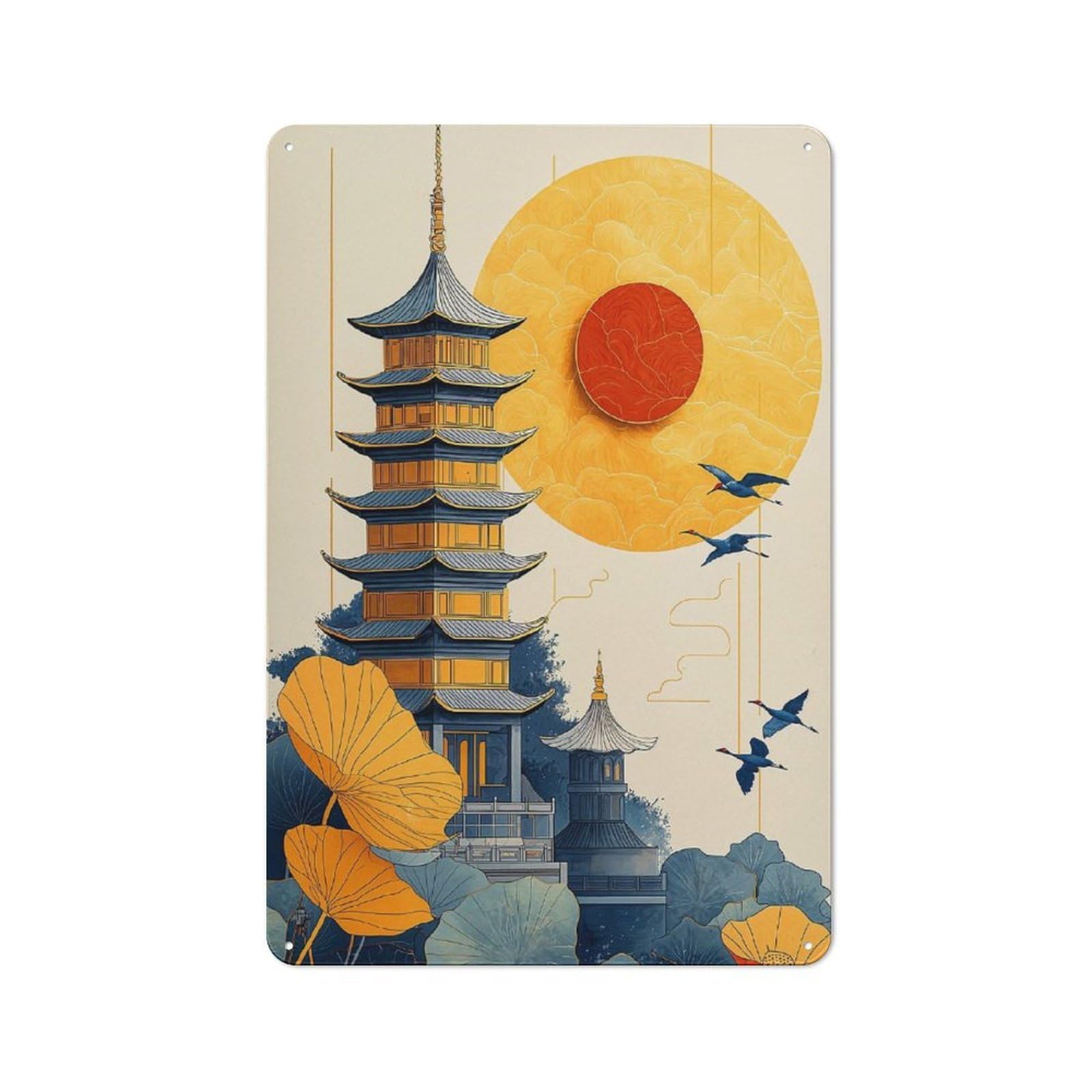Junmoney Japanese Pagoda Illustration Shop Front Style Bistro Metal Sign 30X20cm, Cafe Wall Decor For Tea Room, Shop Wall Or Breakfast Area