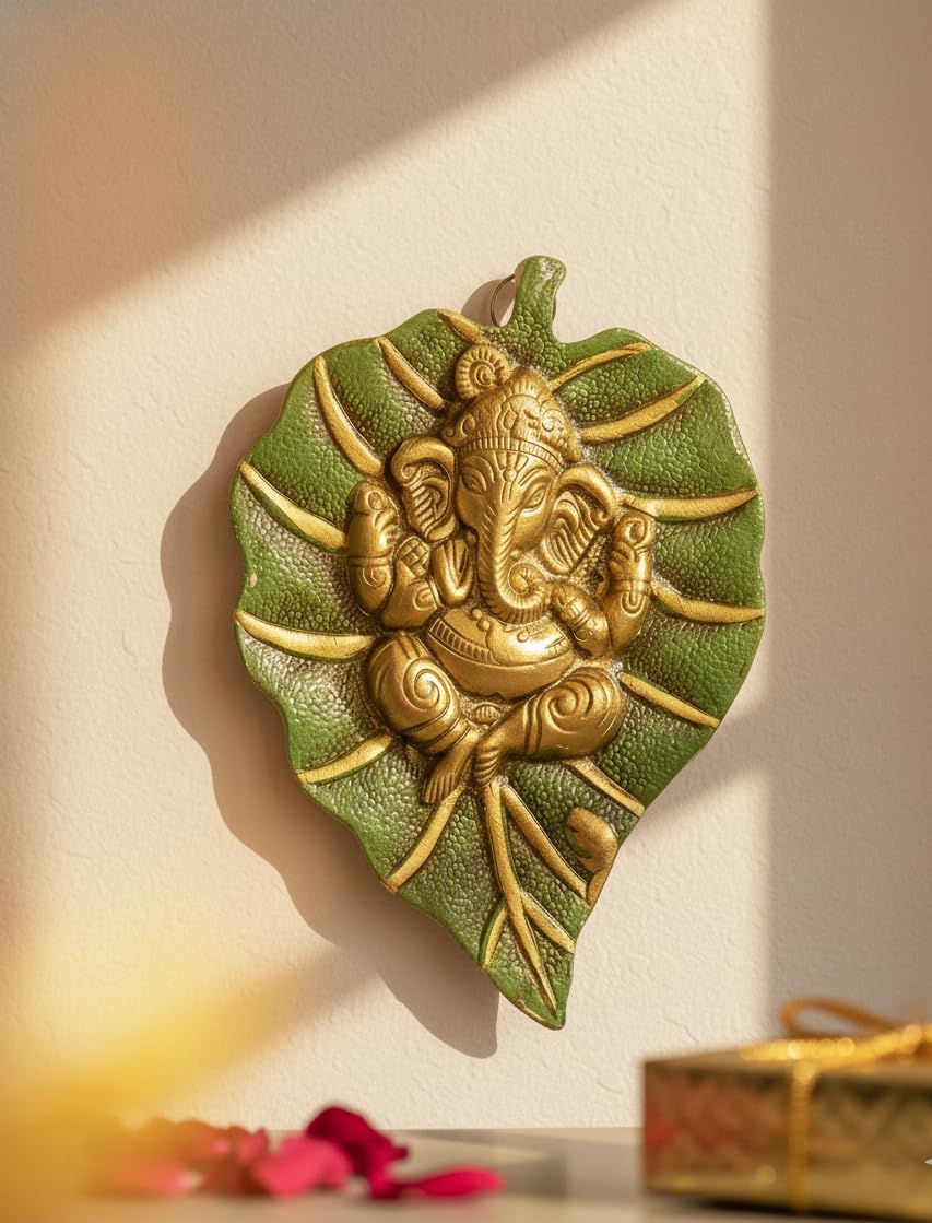 IBA Indianbeautifulart Handcrafted Lord Ganesh On Paan Patta Leaf Wall Hanging Sculpture - Metal Decorative Showpiece For Home, Office, Perfect For Warding Off Evil Eye, Hindu Religious Wall Art