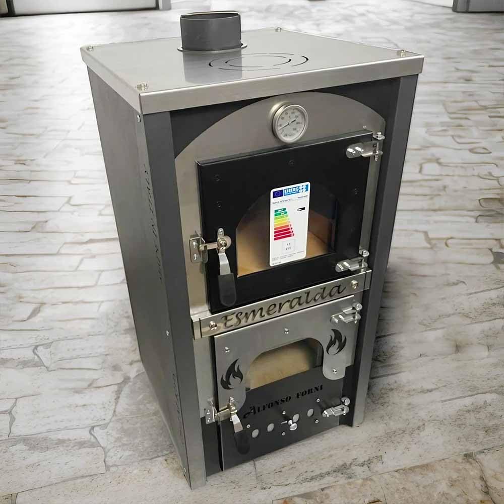 Alfonso Forni Stufa A Legna Con Forno-Esmeralda-Potenza Riscaldamento 15Kw,A Legna Economica In Acciaio Verniciato Antracite,Da Interno Con Forno In Mattoni Refrattari,Ideale Per Cucina,Made In Italy