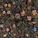 FunStick Blumenmuster Tapete Schwarz Retro Stickerei Stil Schwarze Tapete Selbstklebend Wand Badezimmer Schlafzimmer Klebefolie Möbel Blumen Dunkel Schrankpapier Möbelfolie Schwarz Blumen 44.5CM×3M