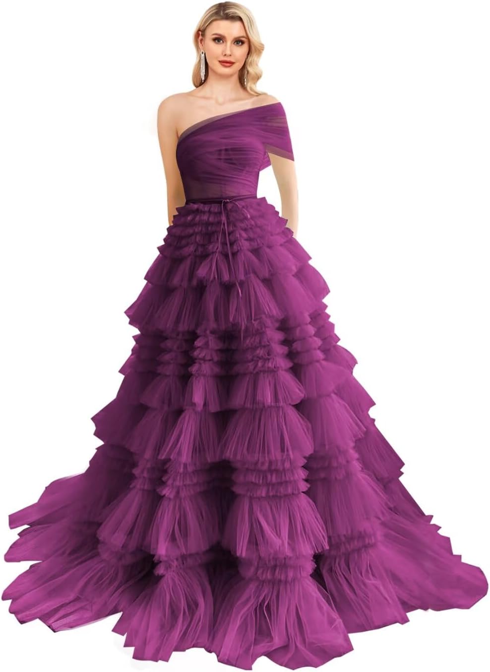 One Shoulder Tulle Prom Dresses Layered Ball Gowns for Women Foraml Tiered Princess Quinceanera Dresses