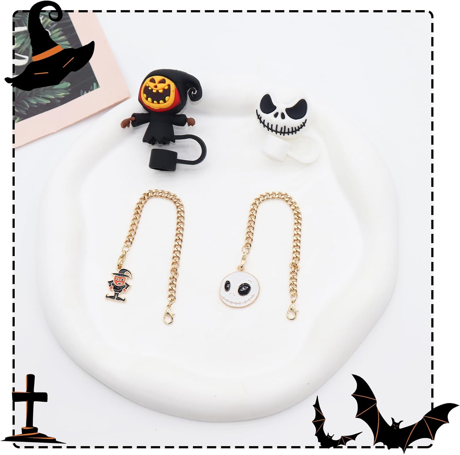 4 pcs Halloween Cute Silicone Straw Topper 10mm for Stanley Cups,Halloween Charms Chain for Stanley Tumbler with Handle,Stanley Cup Accessories (Ghostface+Scarecrow) - Image 5