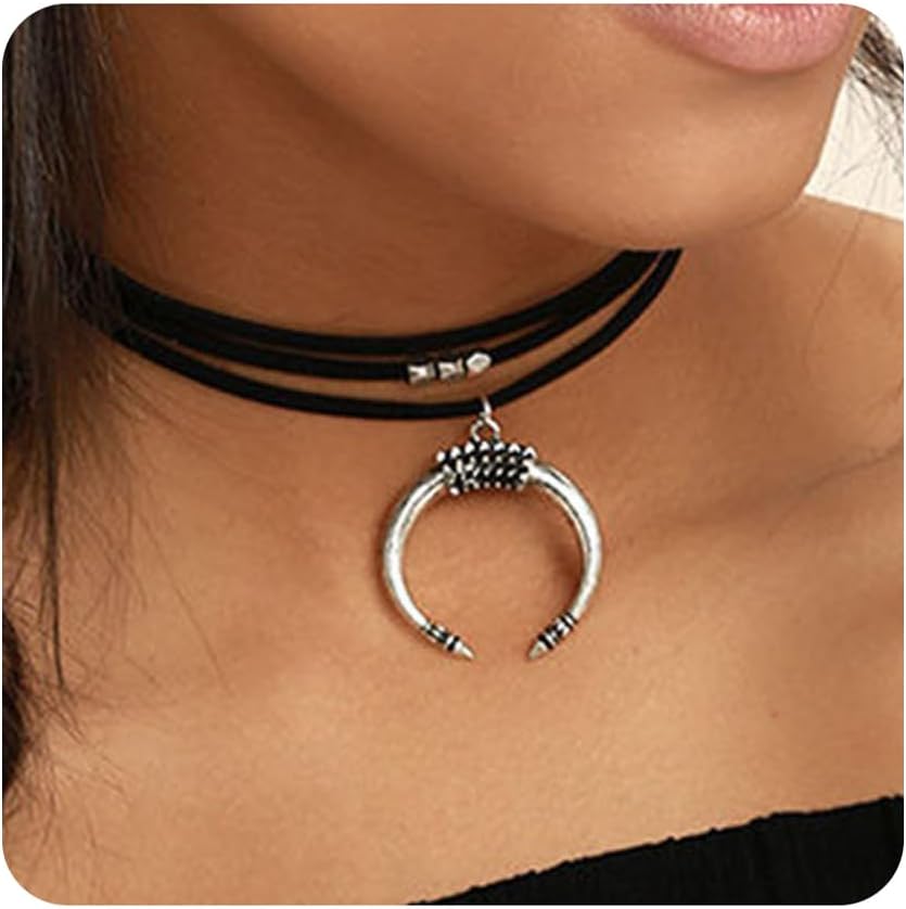fxmimior Women Black Moon Crescent Pendant Choker Sexy Rock Handmade Bohe Necklace Women Accessories