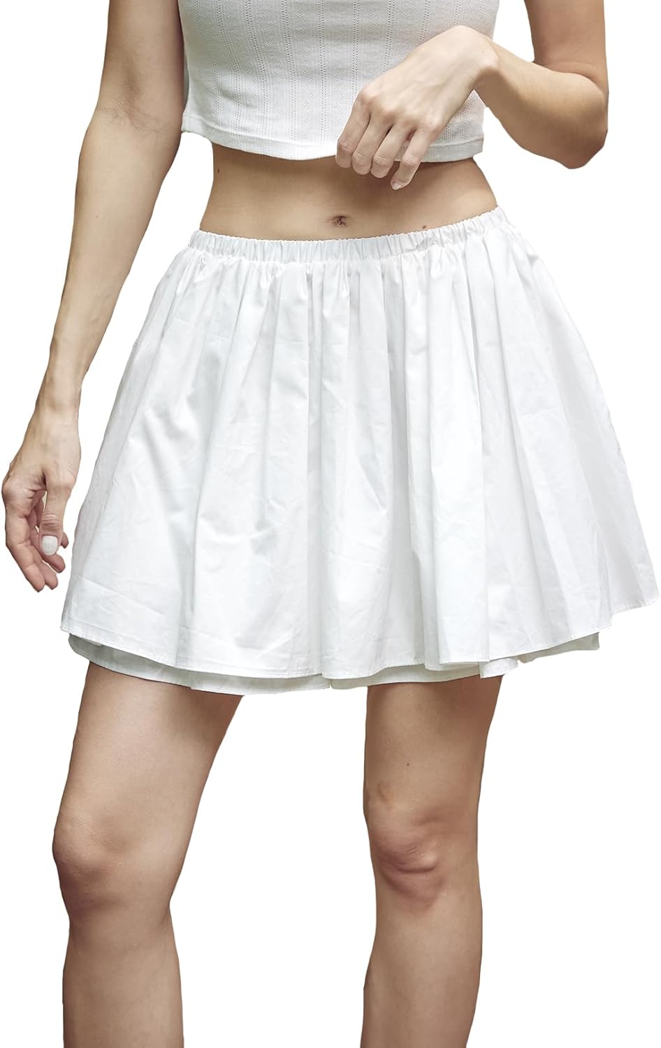BEAUTELICATE White 100% Cotton Mini Skirt Side 2 Pockets Elastic Waist Fluffy Skirt Pure Cotton Lining