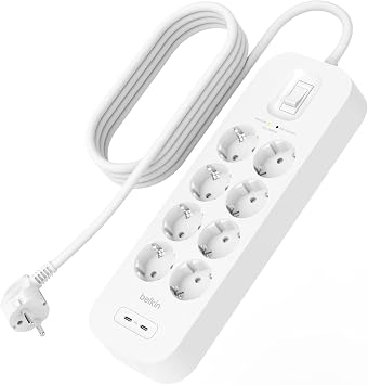 Belkin 8-piece multi-socket, high voltage protected, wall mount, 8 sockets, 2 m power cable, green light indicator, 2 USB C connections with USB-C PD for fast charging, 900 jul protection