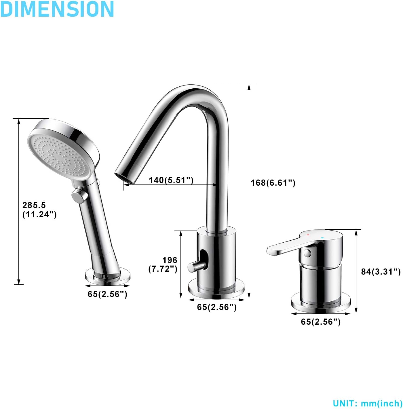 Faustina Robinet Baignoire 3 Trous, Mitigeur 3 Trous Baignoire Avec Pommeau De Douchette Extractible, Robinetterie De Baignoire 3 Trous Avec Inverseur, Chromé 22 width=404