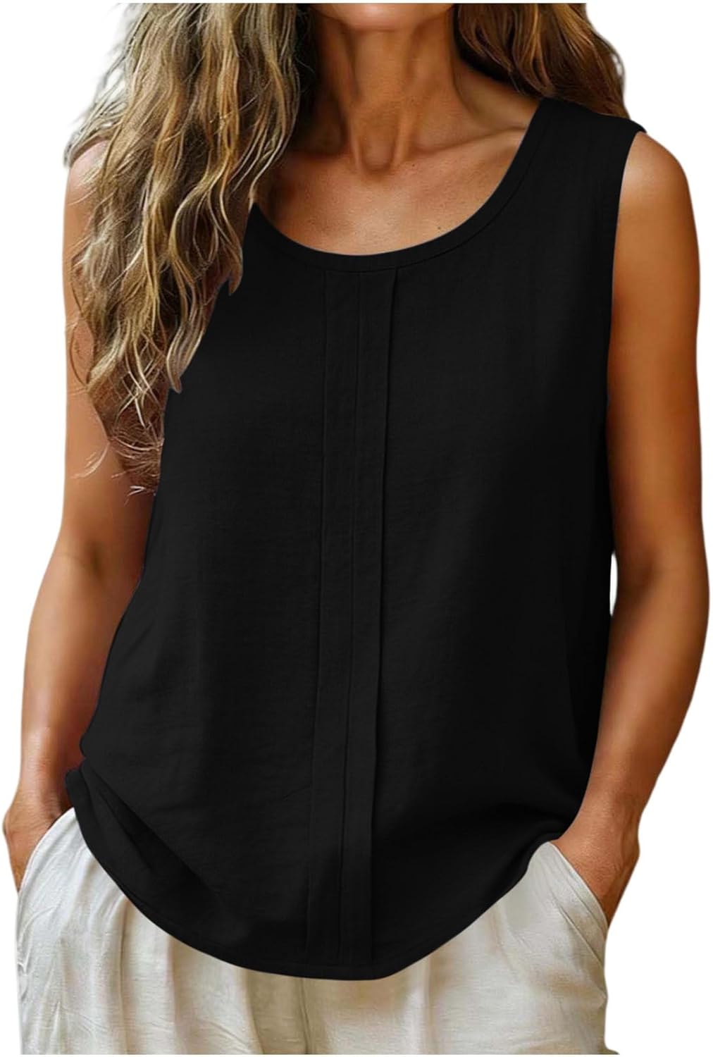 YRAETENM Linen Tank Tops for Women Dressy Casual Crewneck Pleated Blouses Summer Loose Lightweight Sleeveless Gauze Shirts