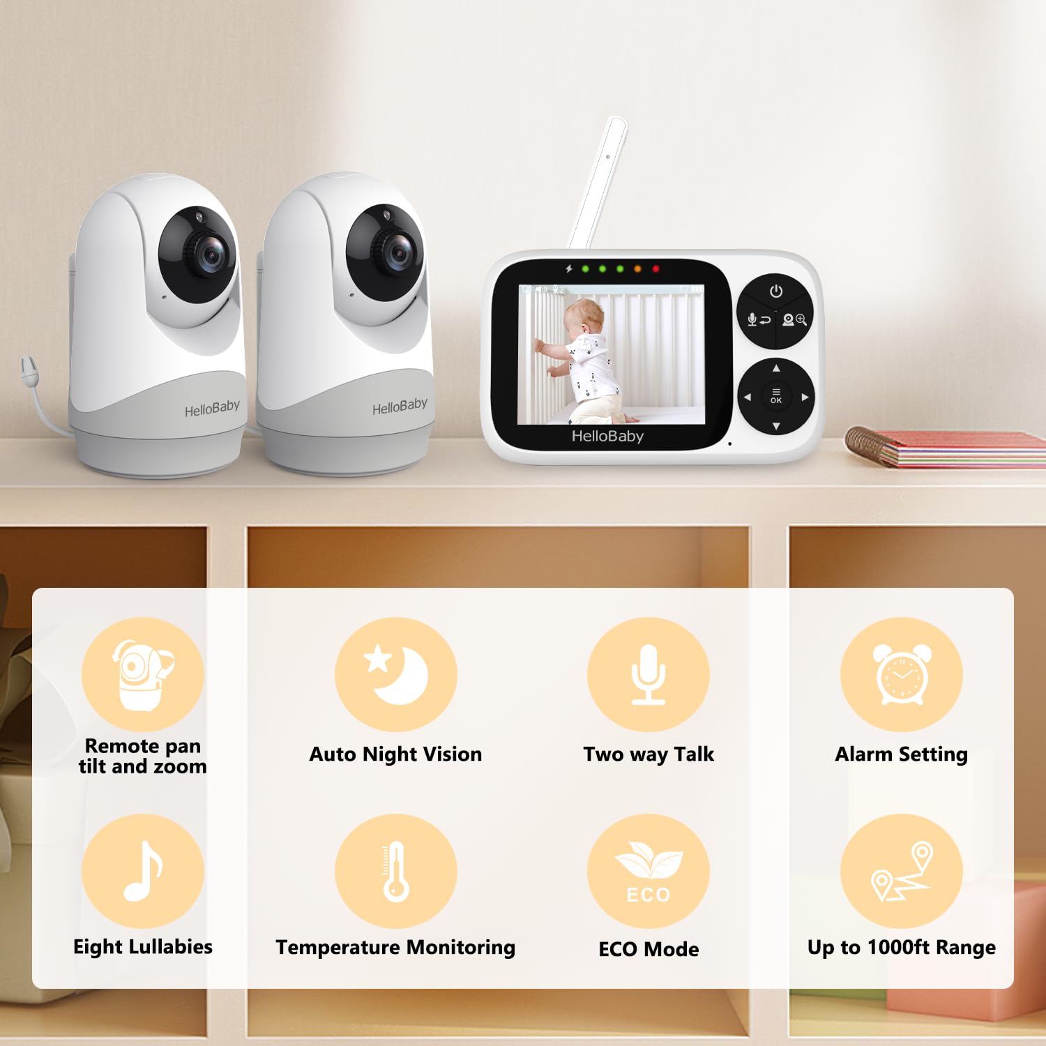 HelloBaby Baby Monitor Video e Audio telecamera bambini con monitor, Schermo IPS da 3,2", Senza WiFi, Visione Notturna, Pan-Tilt-Zoom, Allarme Ninna Nanna e Portata di 1000 Piedi, 2 Fotocamera Inclusa