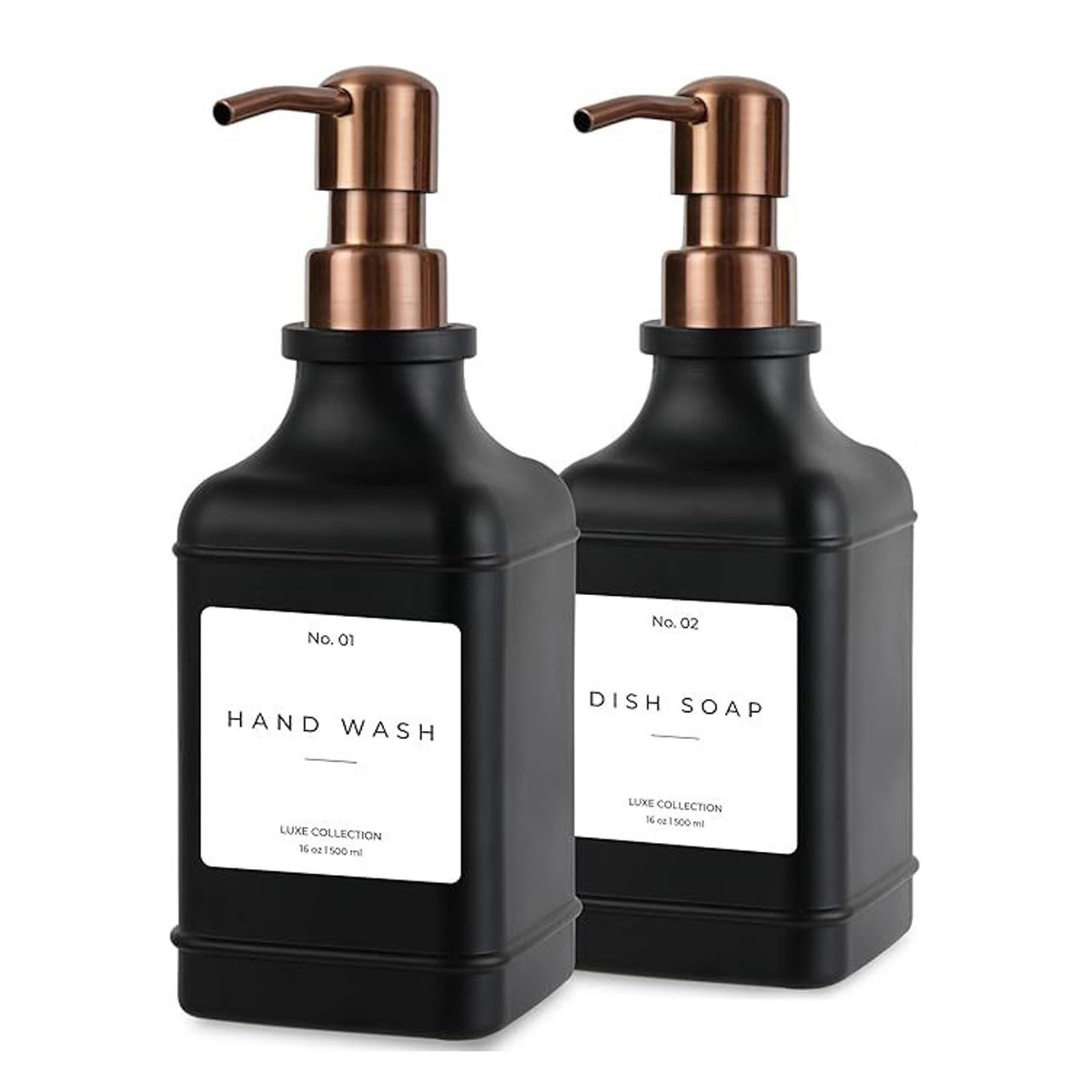 dispensador Dispensador de jabón de Vidrio de 500 ml, dosificador de jabón líquido lavavajillas, baño, loción y jabón de Manos (Paquete de 2) automatico(Black+Bronze)