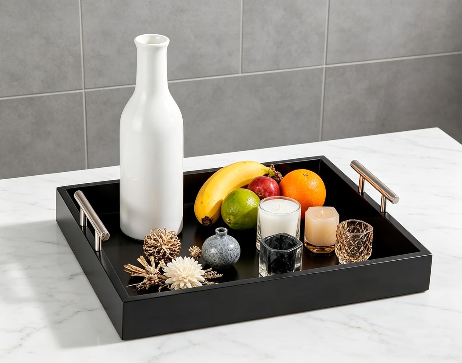 Serving Tray 16.5“X 13“Deluxe Wooden Ottoman Tray for Coffee Table with Polished Silver Metal Handles and 4 Coasters, Living Room Bathroom Coffee Bar Organizer Modern Decorative Black Tray-02