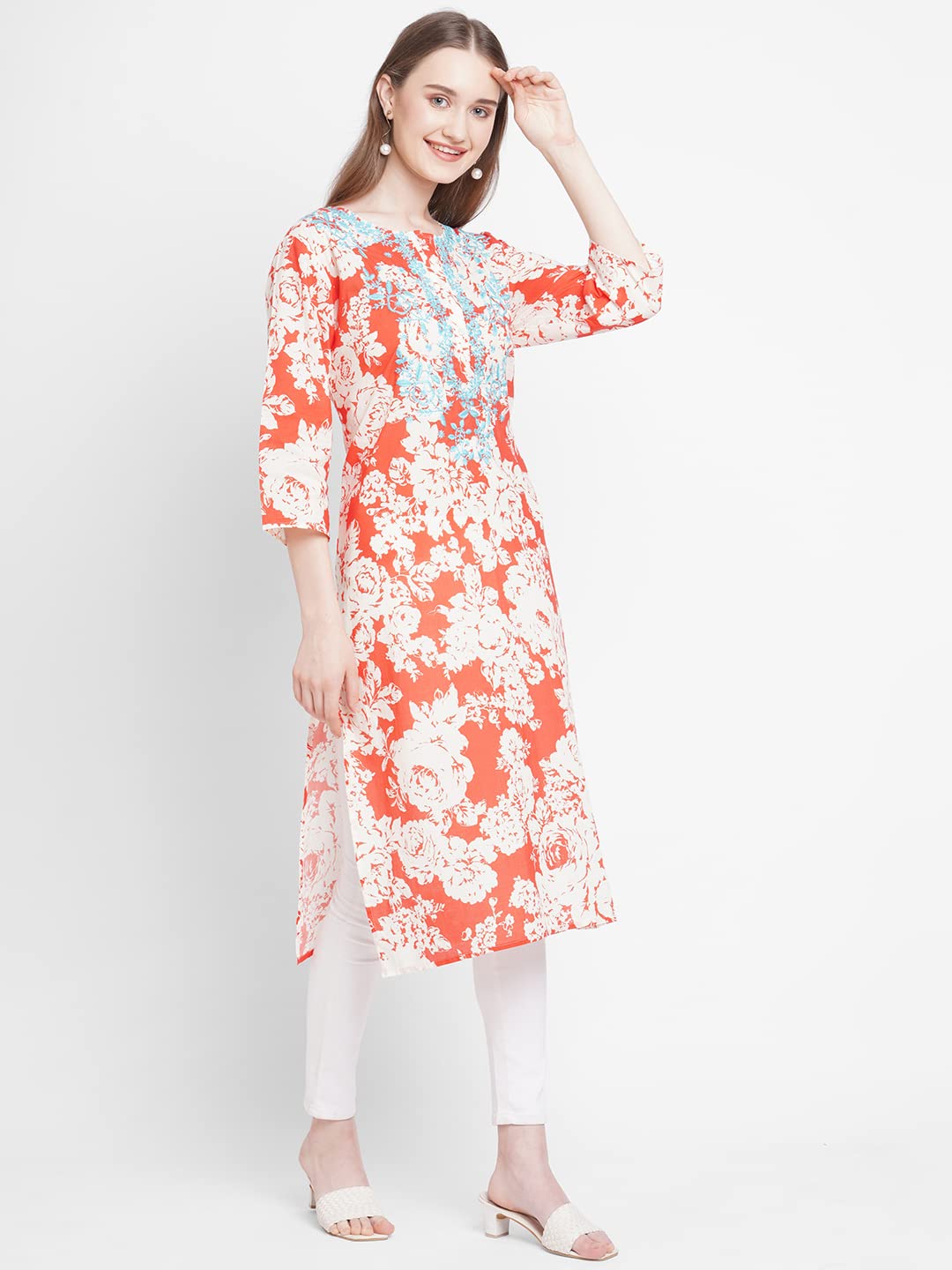 New year Sale CLOTH HAUS INDIA Women’s Embroidered Floral | 100% Pure Cotton | Long Kurta | 3/4 Sleeves | Round Neck