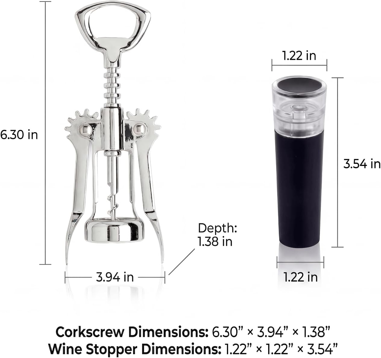Wing Corkscrew Wine Opener Set, Zinc Alloy Manual with Built-in Cap Opener and 2 Vacuum Stoppers, Stainless Steel, Heavy Duty, 7-Inch